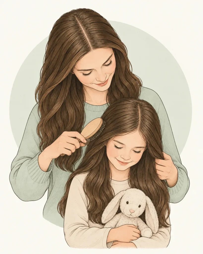 Illustration of a mother gently brushing her daughter’s long hair