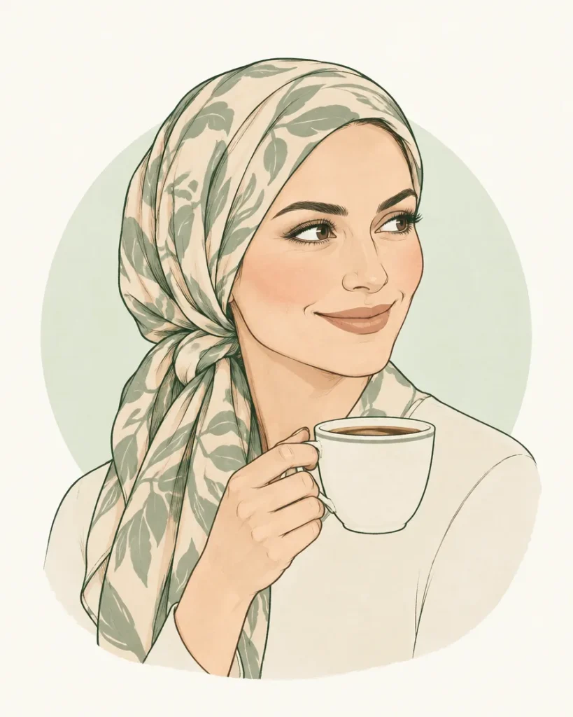 Illustration of a smiling woman wearing a patterned headscarf and holding a cup