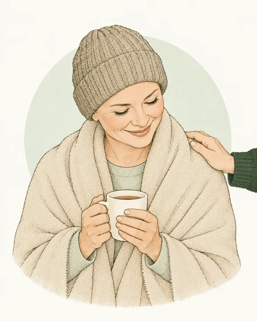Illustration of a woman in a knitted hat wrapped in a blanket, with a friend’s hand on her shoulder