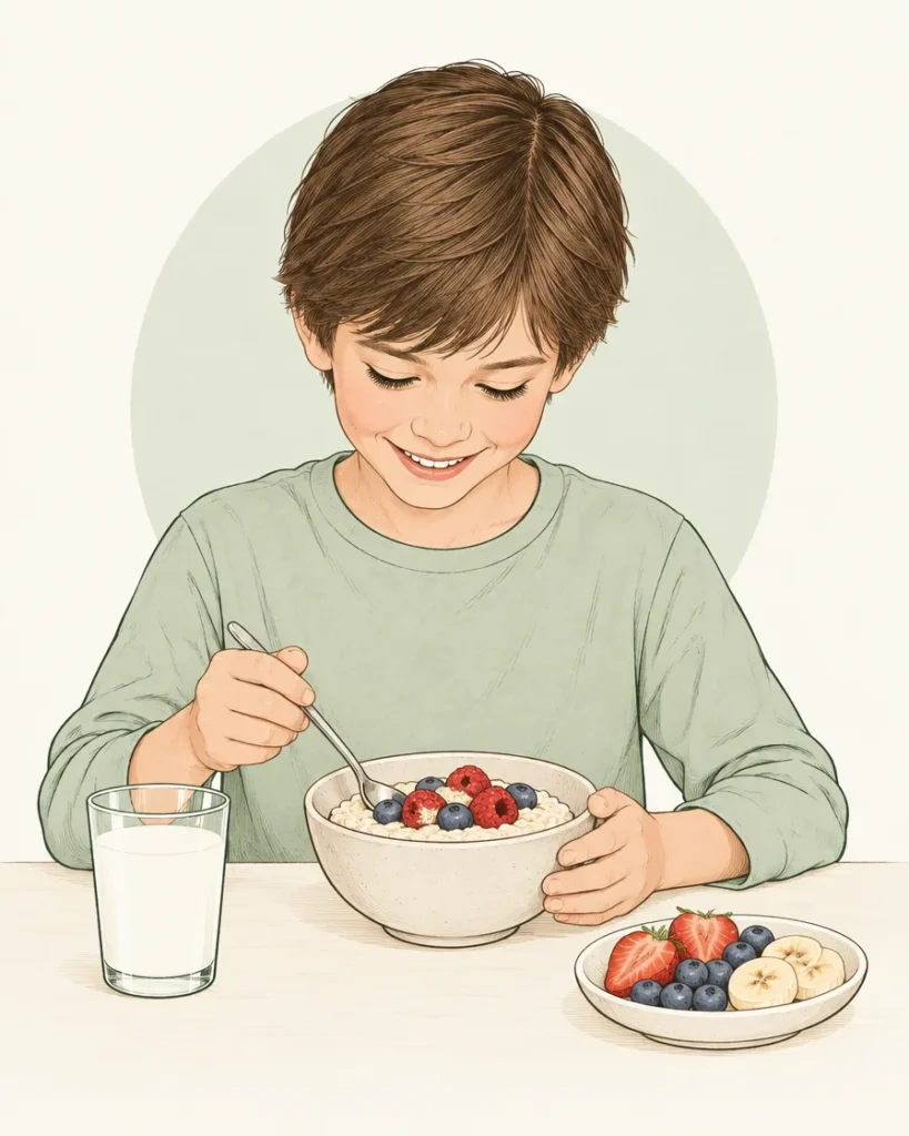 Illustration of a boy eating porridge with berries, with a glass of milk and a plate of fruit
