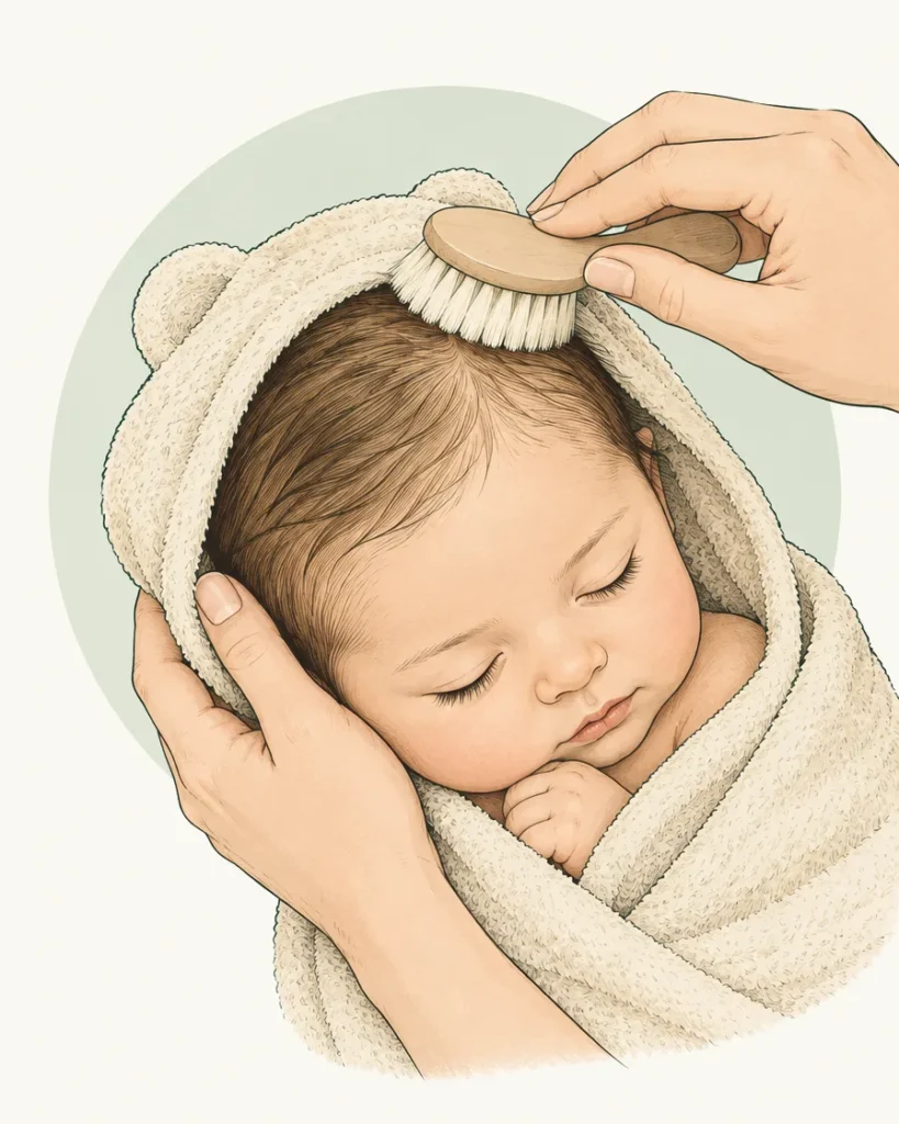Illustration of a parent gently brushing a sleeping baby’s head with a soft baby brush