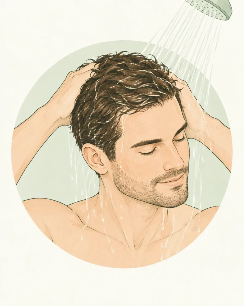Illustration of a man rinsing his hair under a shower