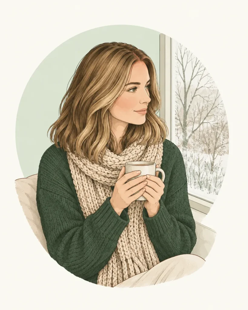 Illustration of a woman in a knitted scarf holding a mug by a wintry window
