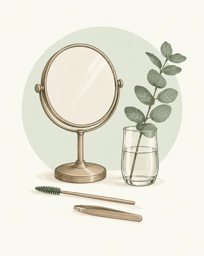 Illustration of a small mirror, an eyebrow brush, tweezers and eucalyptus on a dressing table