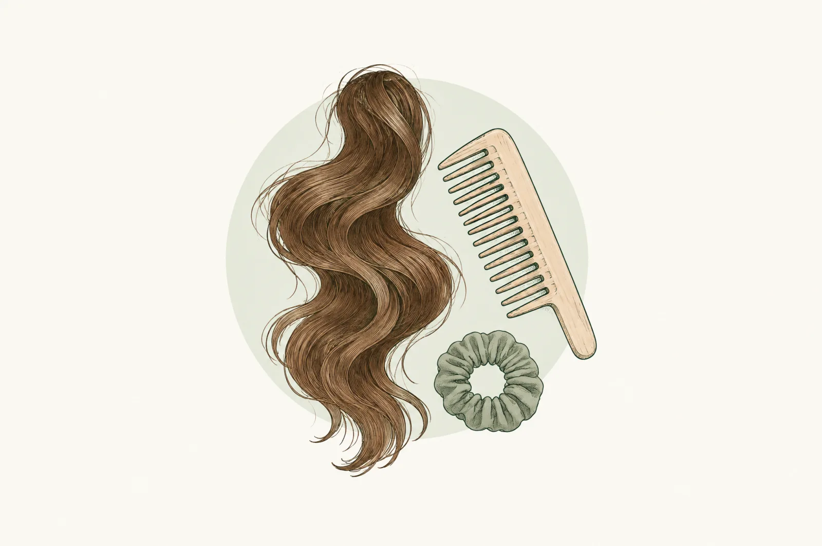 Illustration of a lock of loose wavy hair, a comb and a scrunchie