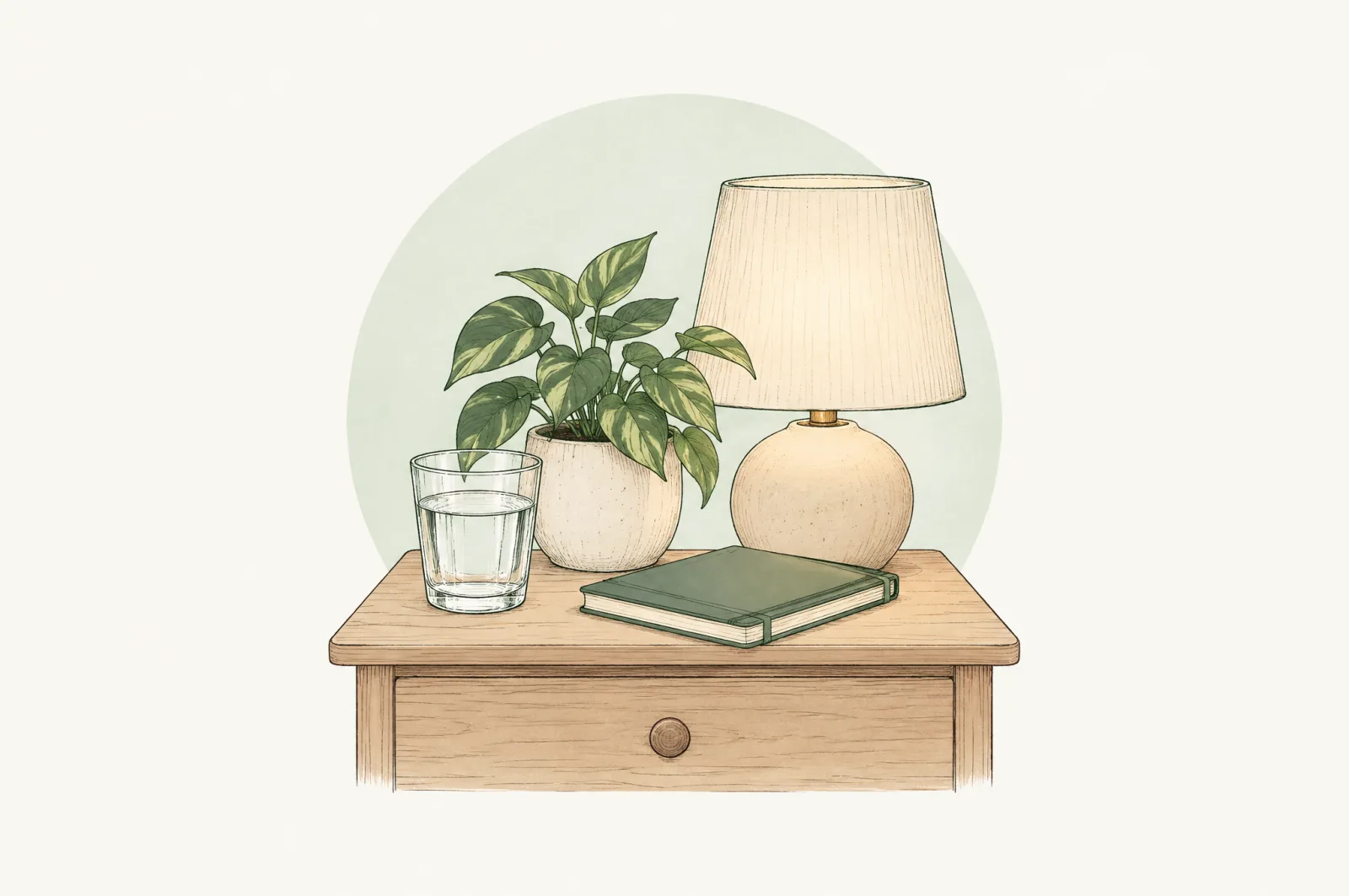 Illustration of a calm bedside table with a lamp, a plant and a glass of water