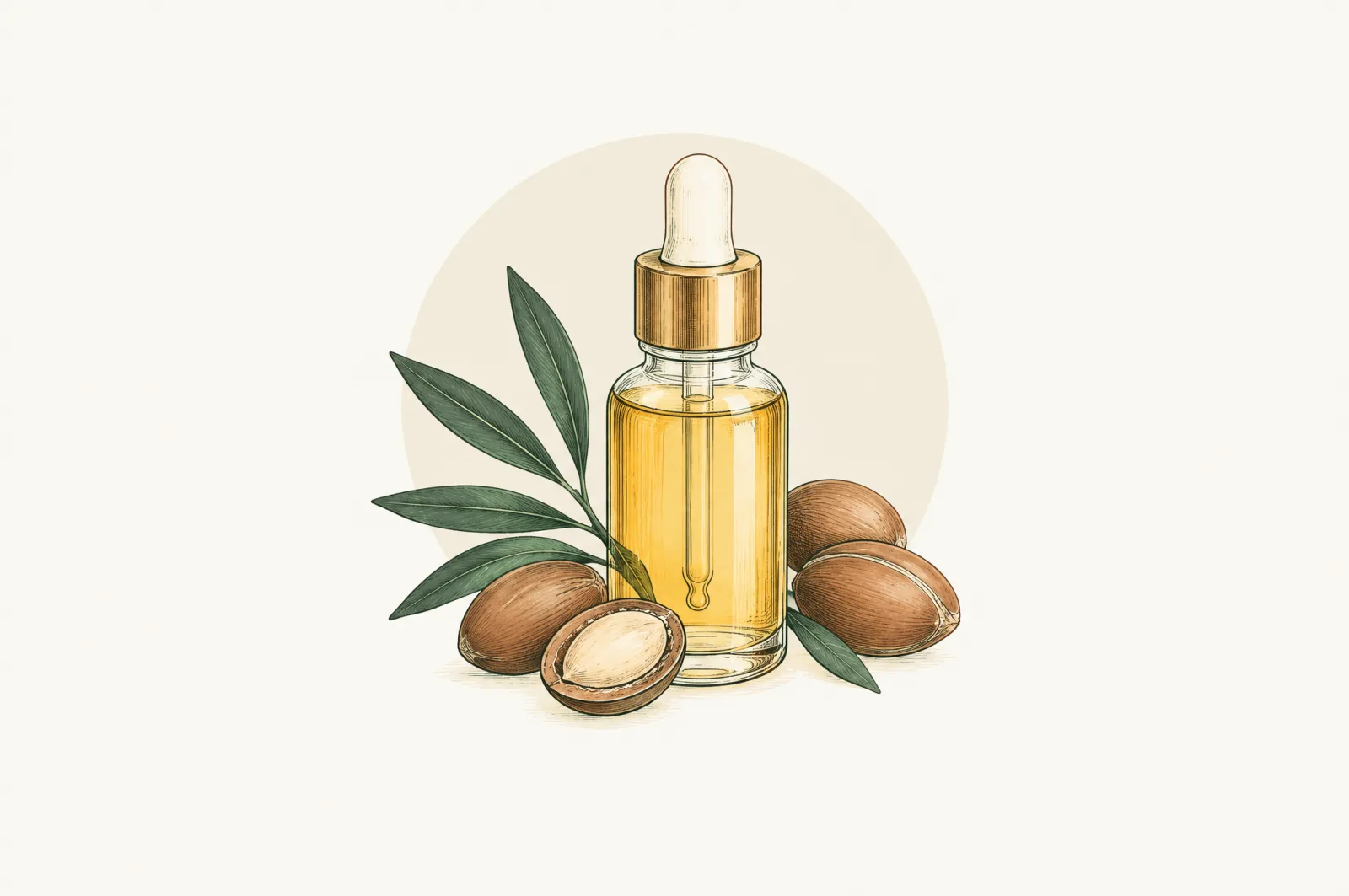Illustration of a bottle of argan oil with argan nuts and leaves