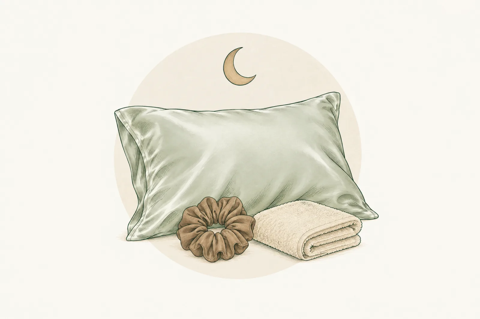 Illustration of a satin pillow, a scrunchie and a towel at bedtime