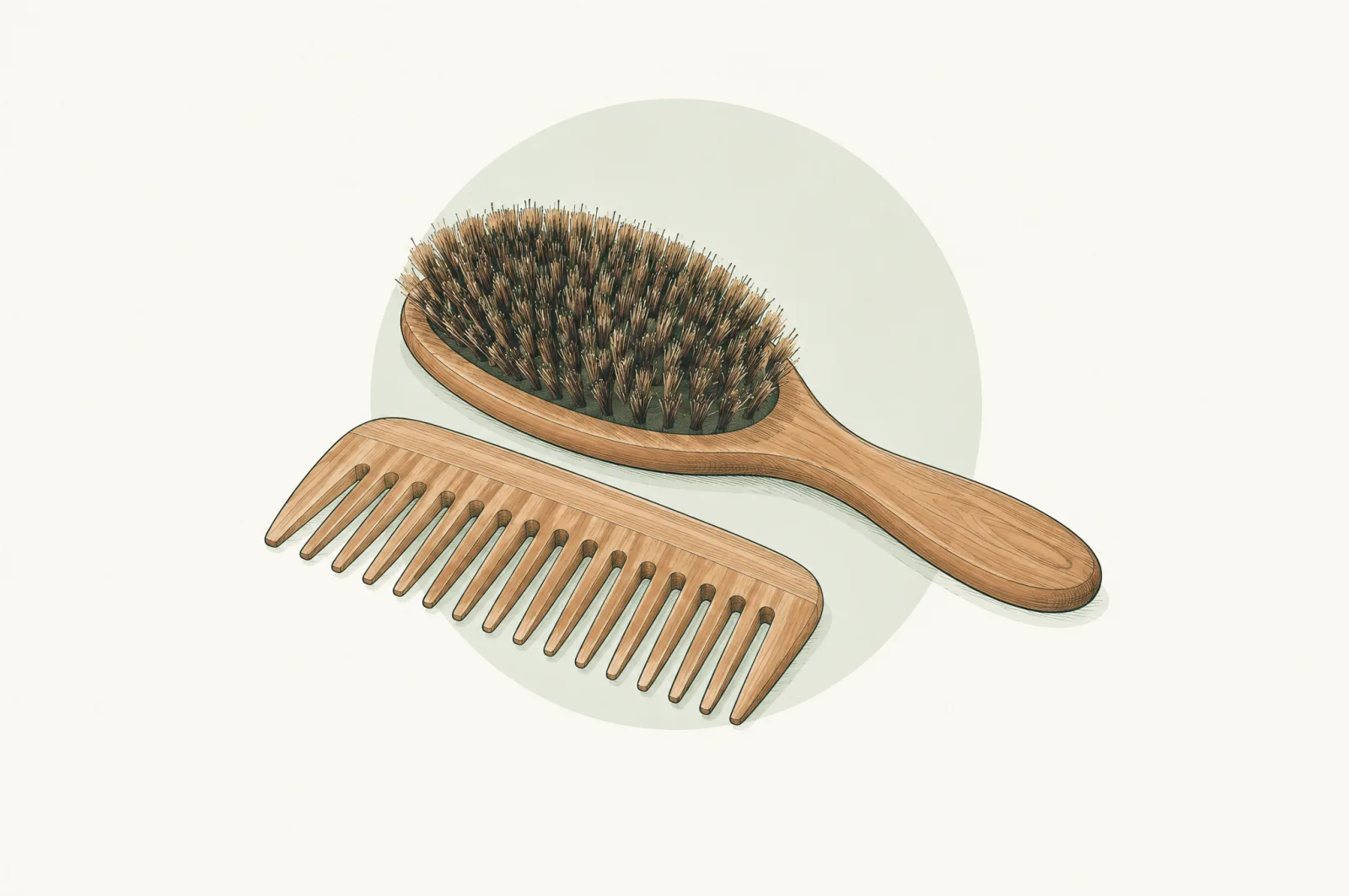 Illustration of a boar bristle hairbrush and a wooden comb