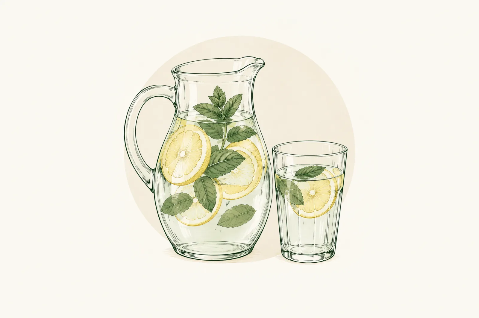 Illustration of a jug of water with lemon and mint and a glass