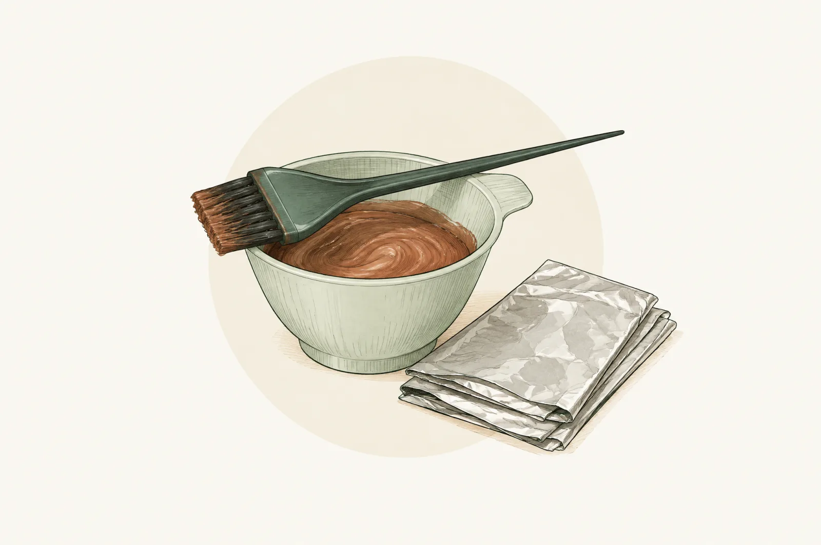 Illustration of a hair colour bowl, tint brush and foils