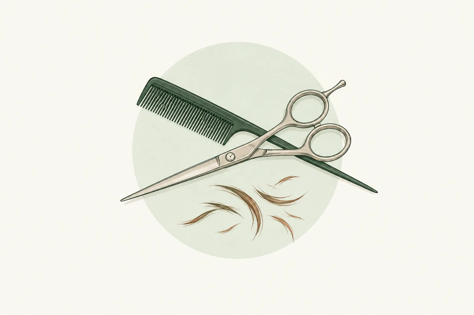 Illustration of hairdressing scissors, a tail comb and snipped hair