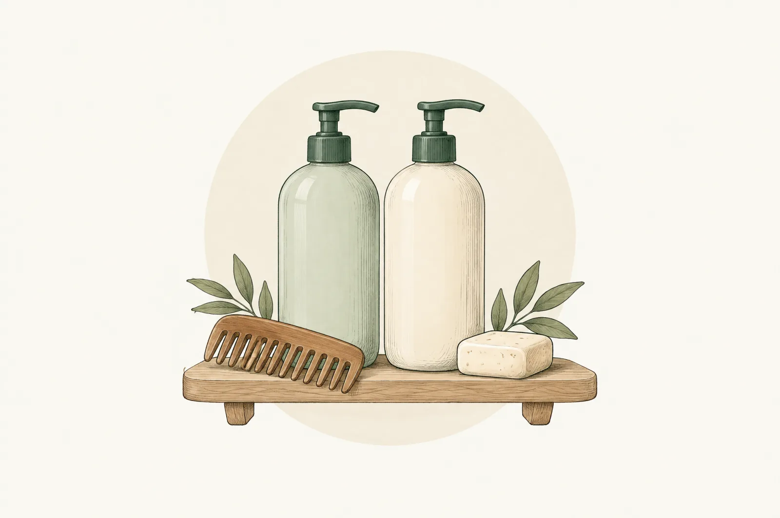 Illustration of shampoo and conditioner bottles, a comb and soap on a shelf