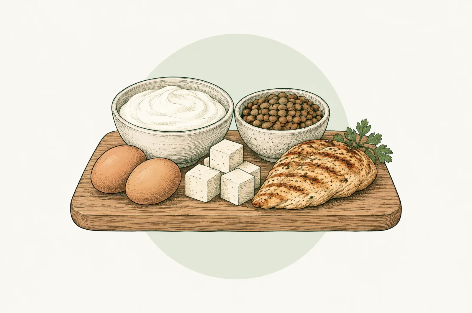 Illustration of yoghurt, eggs, tofu, lentils and grilled chicken