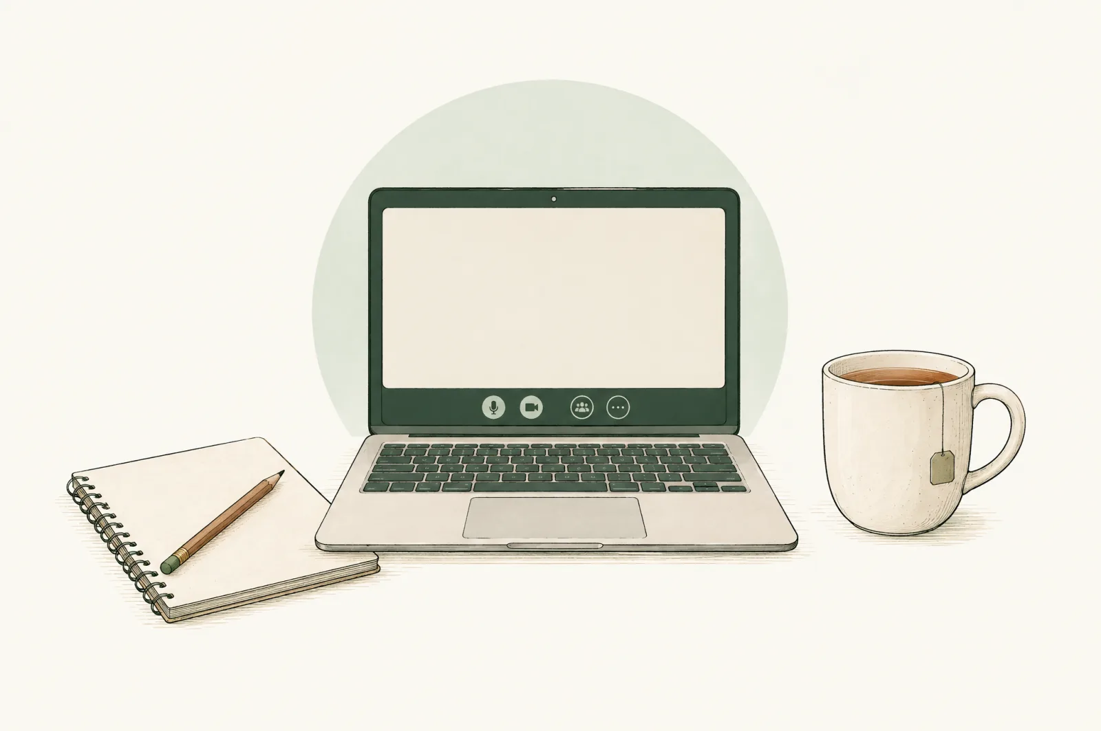 Illustration of a laptop ready for a video call, a notebook and a mug of tea