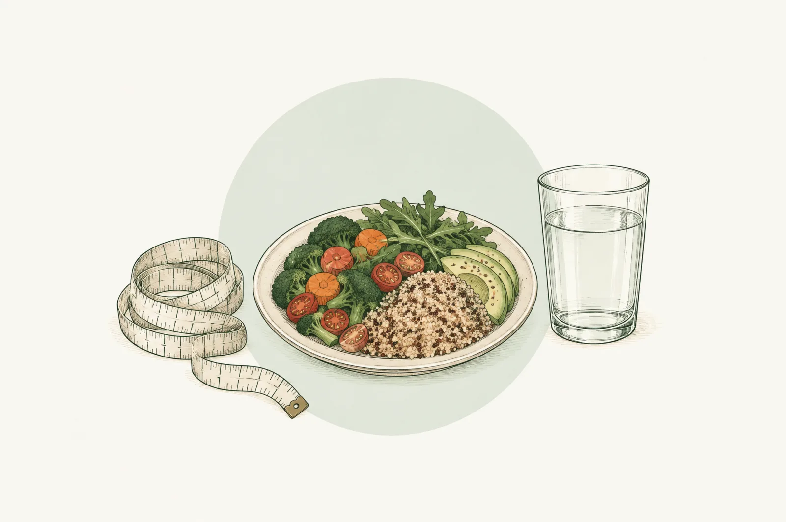 Illustration of a tape measure, a balanced meal and a glass of water