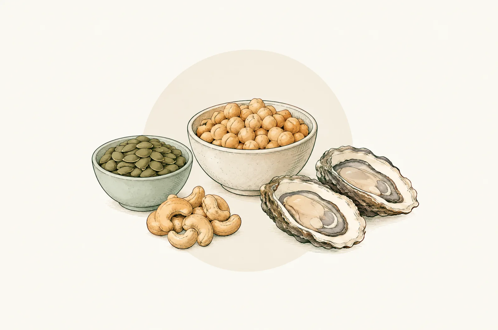 Illustration of pumpkin seeds, chickpeas, cashews and oysters