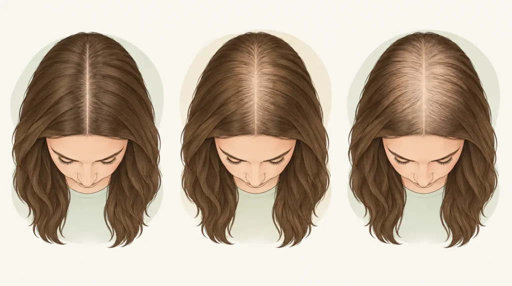 Illustration of the three stages of female pattern hair loss: the parting widens and thinning spreads across the top while the front hairline stays