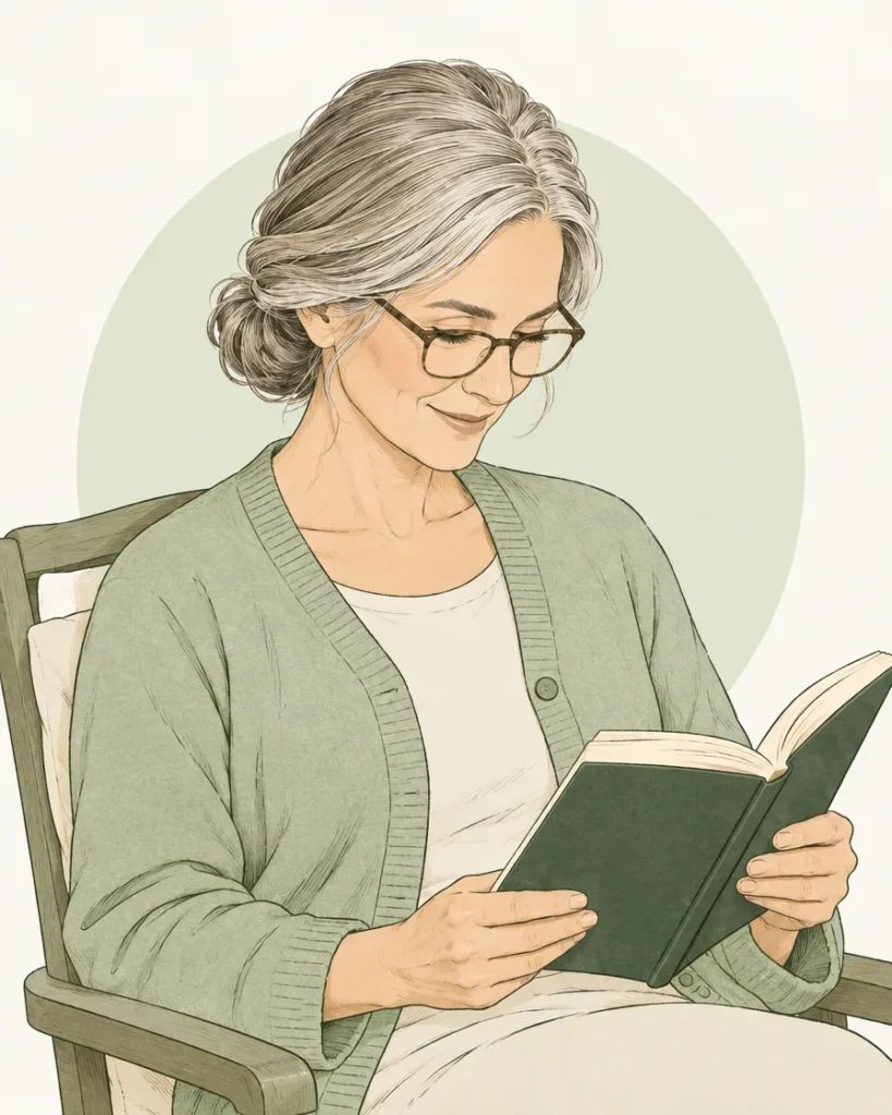 Illustration of an older woman with grey hair reading a book in a garden chair