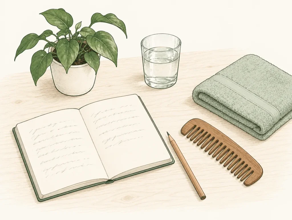 Illustration of a notebook, pencil, comb, glass of water and plant on a table