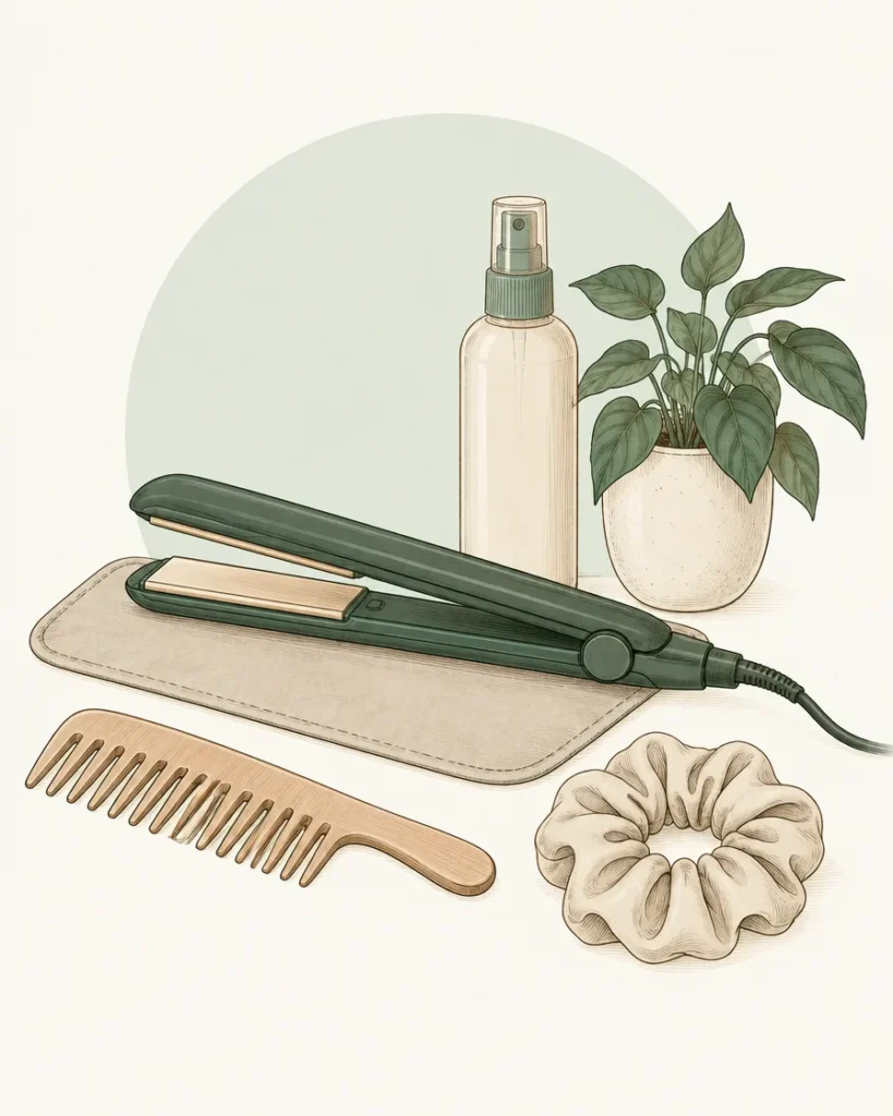 Illustration of hair straighteners on a heat mat with a wide-toothed comb, scrunchie and spray bottle