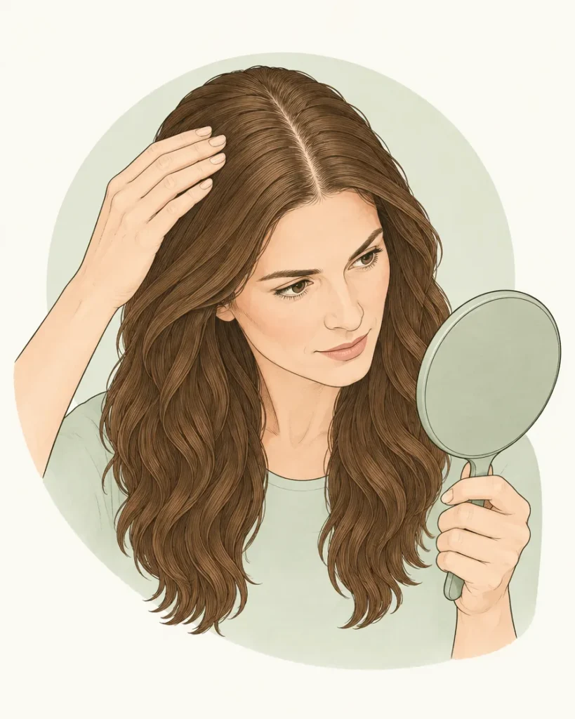 Illustration of a woman checking the parting in her hair with a hand mirror