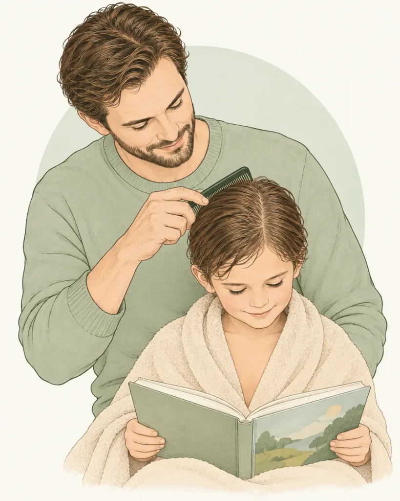 Illustration of a father combing his son’s wet hair with a fine-toothed comb at bath time