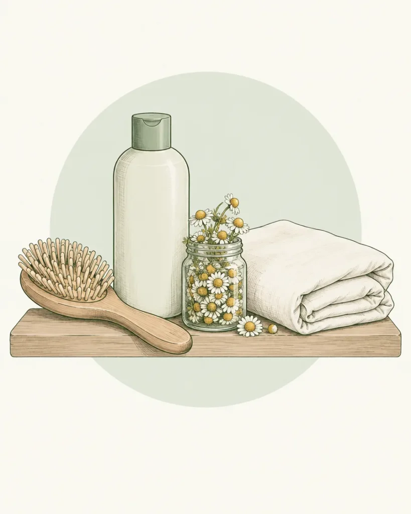 Illustration of a hairbrush, shampoo bottle, folded pillowcase and a jar of chamomile flowers on a shelf