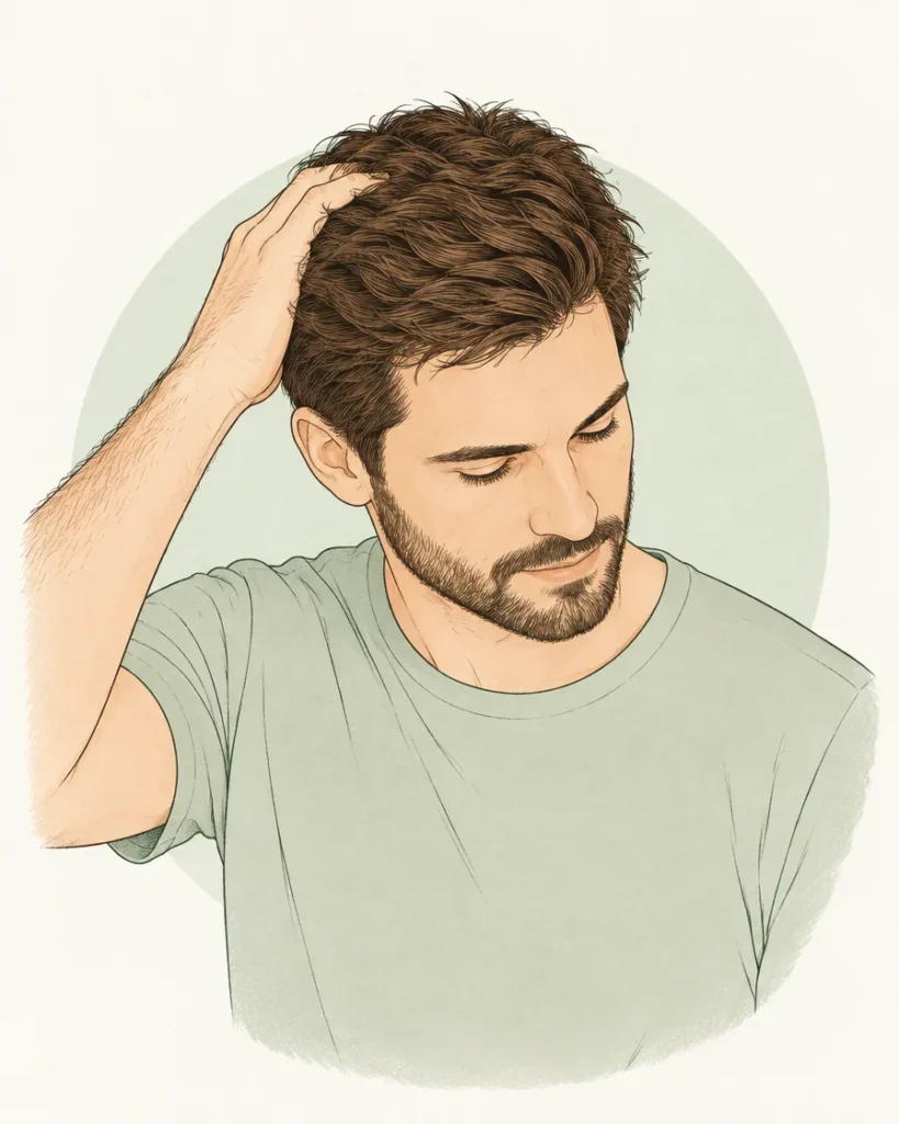 Illustration of a bearded man running his hand through his hair