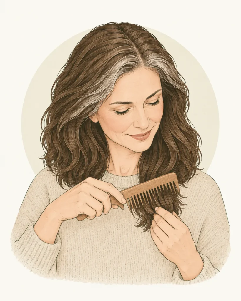 Illustration of a woman in her fifties with greying hair, combing it with a wide-toothed comb