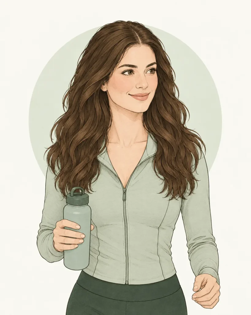 Illustration of a woman with long wavy hair walking outdoors with a water bottle