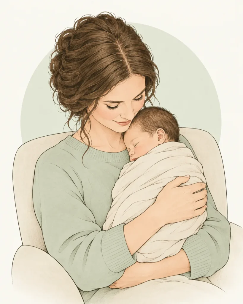 Illustration of a mother in an armchair holding her sleeping newborn baby