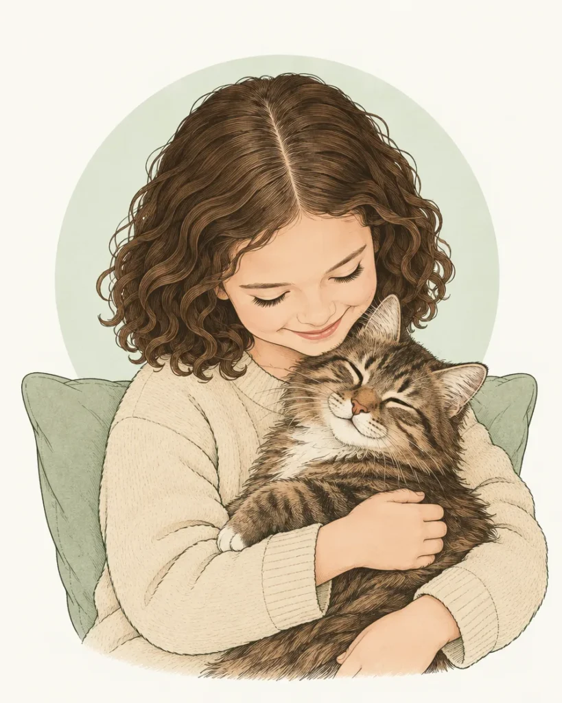 Illustration of a young girl cuddling a tabby cat on a sofa