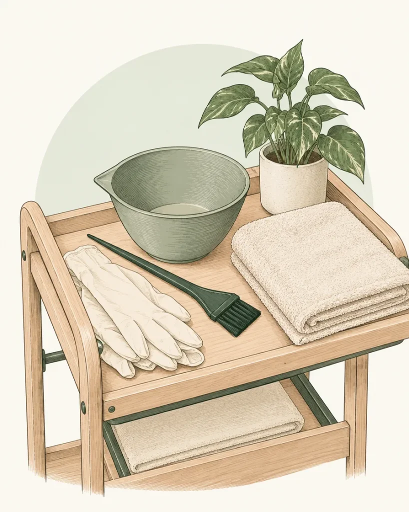 Illustration of a hair colouring bowl, tint brush, gloves and towel on a salon trolley
