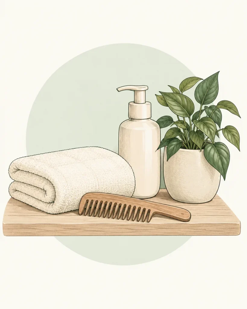 Illustration of a folded towel, wide-toothed comb, pump bottle and plant on a bathroom shelf