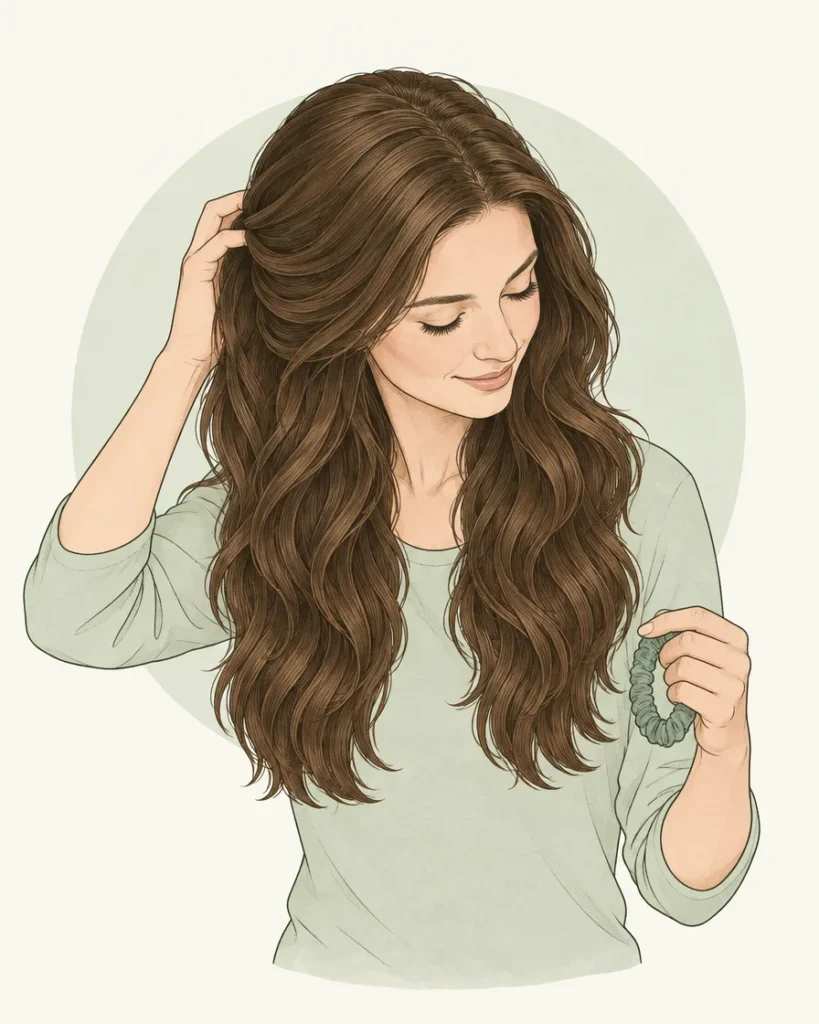 Illustration of a woman letting her long hair down from a ponytail