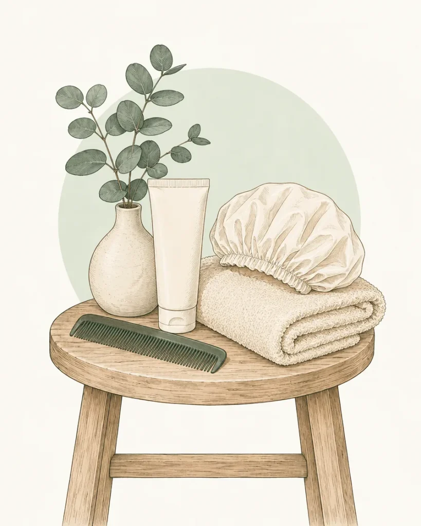 Illustration of a tube of cream, a comb, a shower cap and a folded towel on a wooden stool