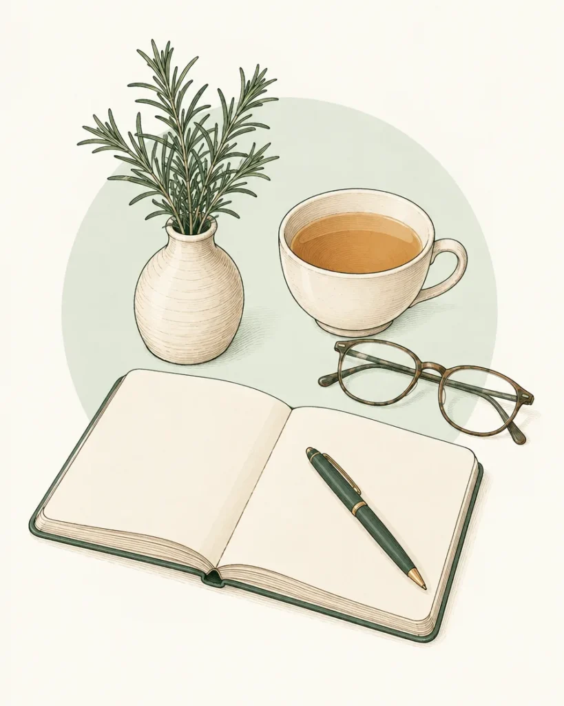 Illustration of an open notebook, pen, glasses, a cup of tea and rosemary on a desk