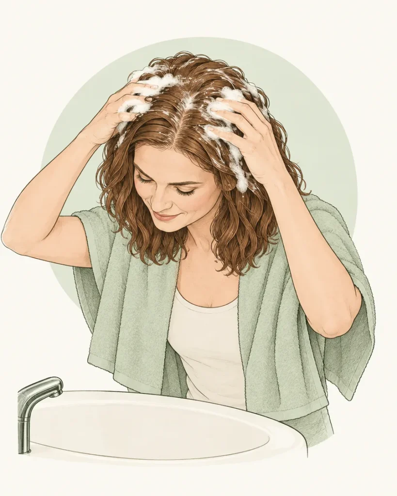 Illustration of a woman washing her hair over a basin with a towel round her shoulders