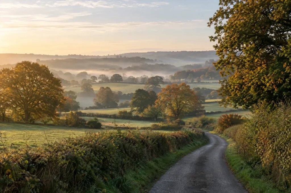 Country lane through rolling Sussex countryside on a misty autumn morning