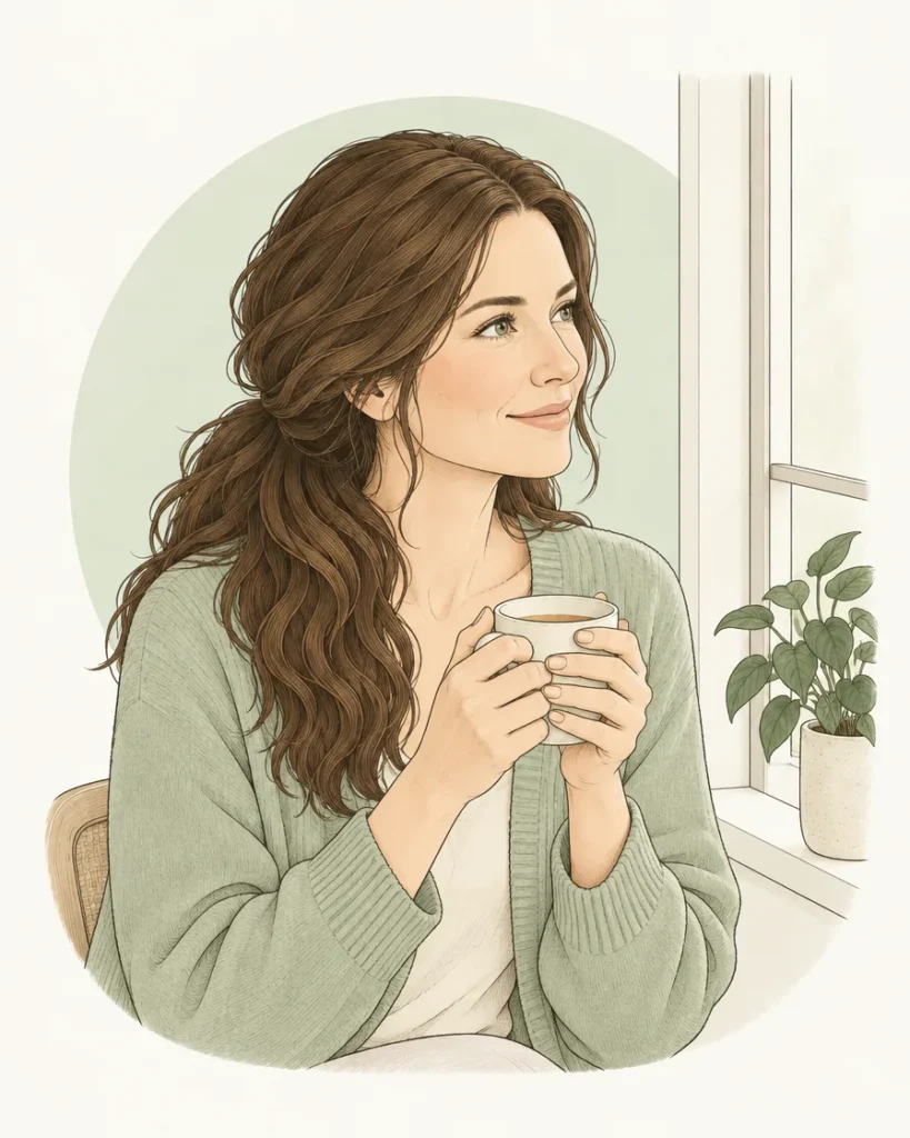 Illustration of a woman holding a mug of tea and looking out of a window