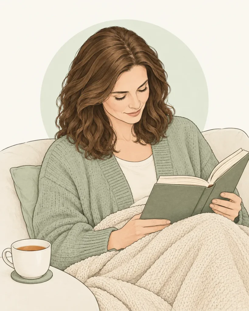 Illustration of a woman reading on a sofa under a blanket with a cup of tea