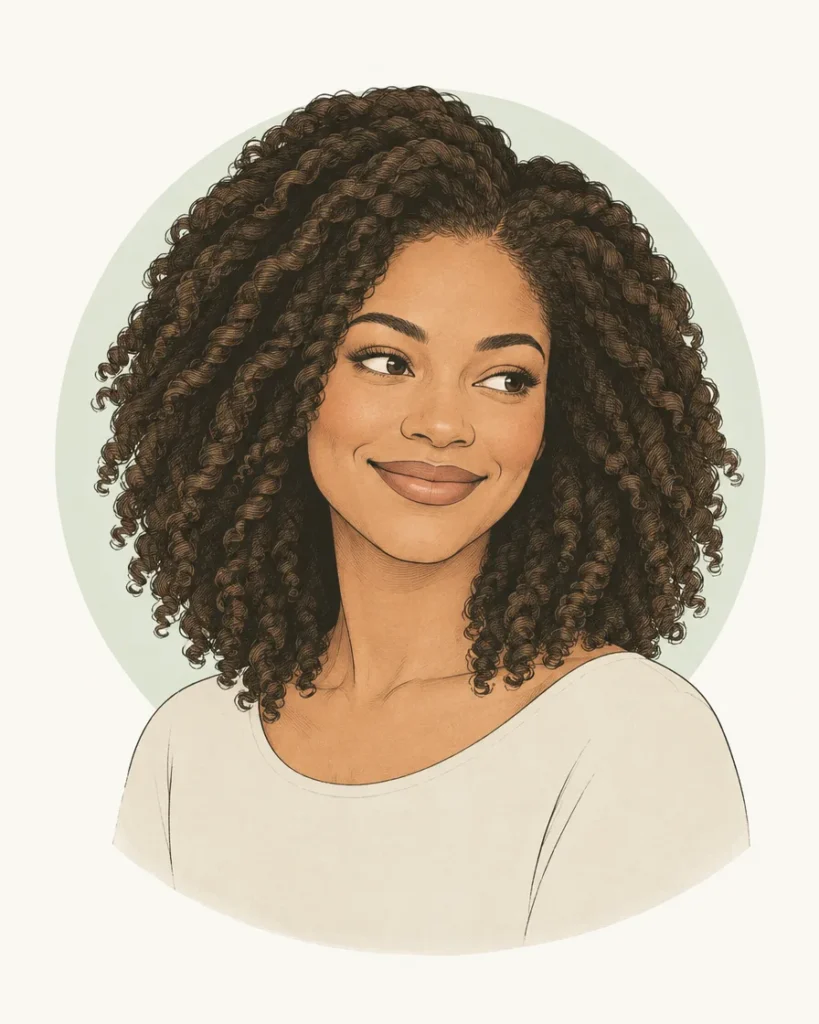 Illustration of a smiling woman with natural Afro-textured hair worn loose