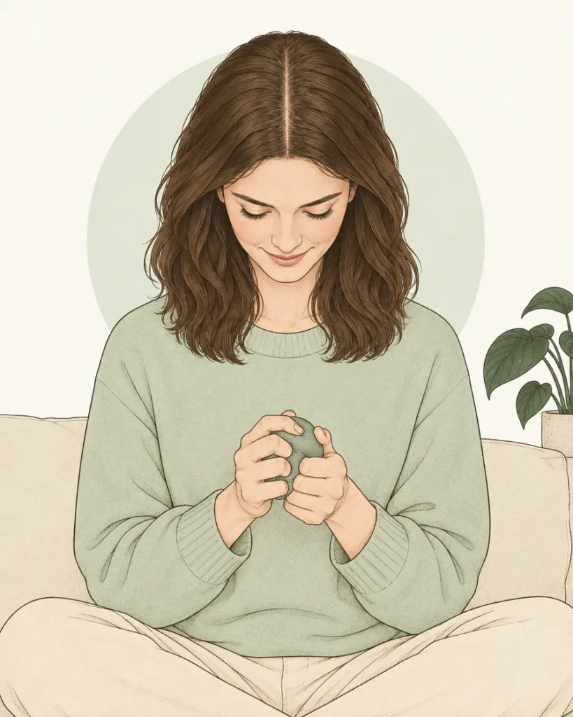 Illustration of a young woman sitting on a sofa holding a soft stress ball