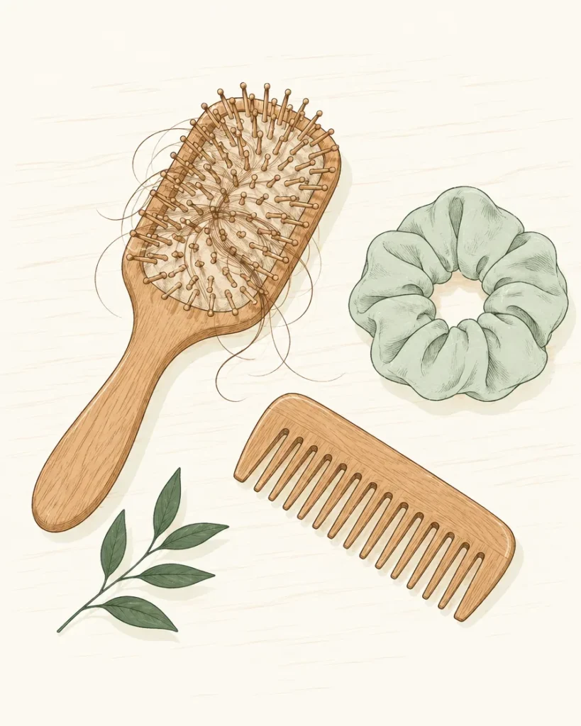 Illustration of a hairbrush with loose hairs, a wide-toothed comb and a scrunchie
